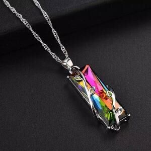 Rainbow Topaz Glass Silver Tone Vine Pendant Necklace